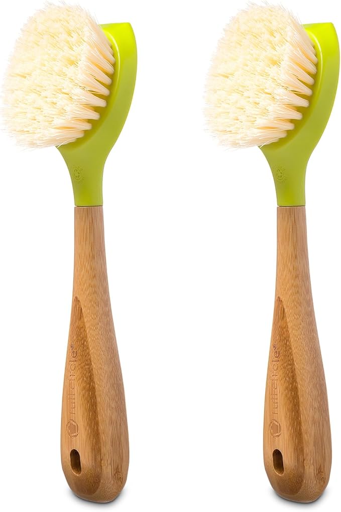 Full Circle Be Good Kitchen Dish Brush with Bamboo Handle – Long Handle Dish Scrubber with Tough Bristles, Green (Pack of 2)