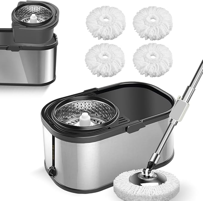 EasyWring Microfiber Spin Mop with Wringer Set, 360° Spining Mop and Bucket Set for Cleaning with Extra Refills, Trueclean Mop Bucket System (Silver)
