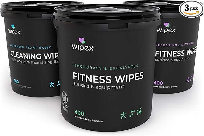 Wipex Gym Wipes for Equipment Bundle - Get 3 Buckets (1) Lemongrass, (1) Lavender, (1) Sanitizing BZK Plant-Based Fitness Equipment Wipes, Clean Surfaces & Mats, Safe Gym Cleaner, 400 Ct (Pack of 3)