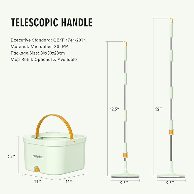 Spin Mop and Bucket with 2 Microfibra Replaceable Mop Pads, Self Separation Dirty and Clean Water System Self Wringing 360° Rotating Square Mop-Head (1 Bucket + 52'' Mop + 2 Microfibra Pads)