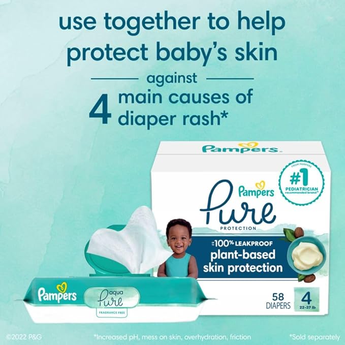 Pampers Baby Wipes Aqua Pure, 99% water-based wipes, Hypoallergenic and Unscented Infant Wipe, 336 Total (6 Flip-Top Packs)