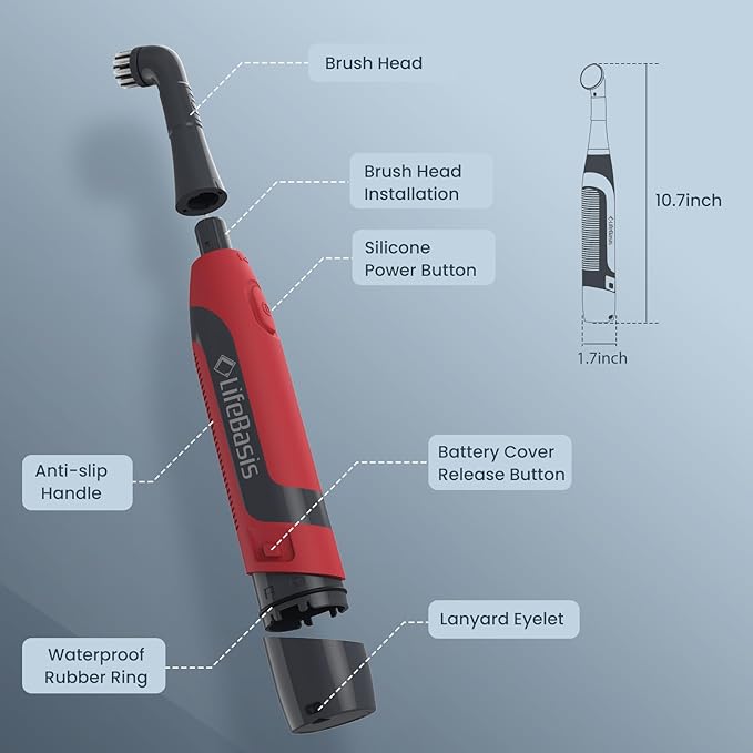 LifeBasis Power Scrubber, Cordless Electric Cleaning Brush Battery Powered Scrub Brush, Water Resistant, Small Electric Grout Brush for Home/Kitchen/Bathroom/Grout/Tile/Shower/Tub, Red