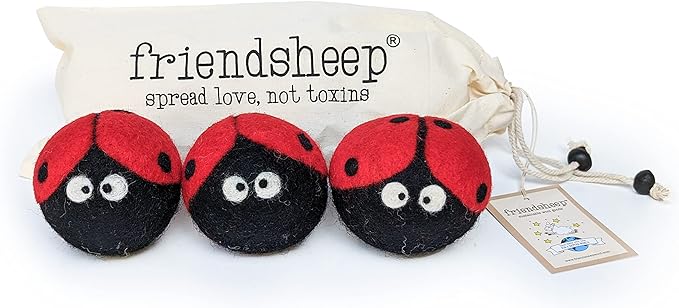 Wool Dryer Balls by Friendsheep 3 Pack XL Organic Premium Reusable Cruelty Free Handmade Fair Trade No Lint Fabric Softener Ladybug Trio