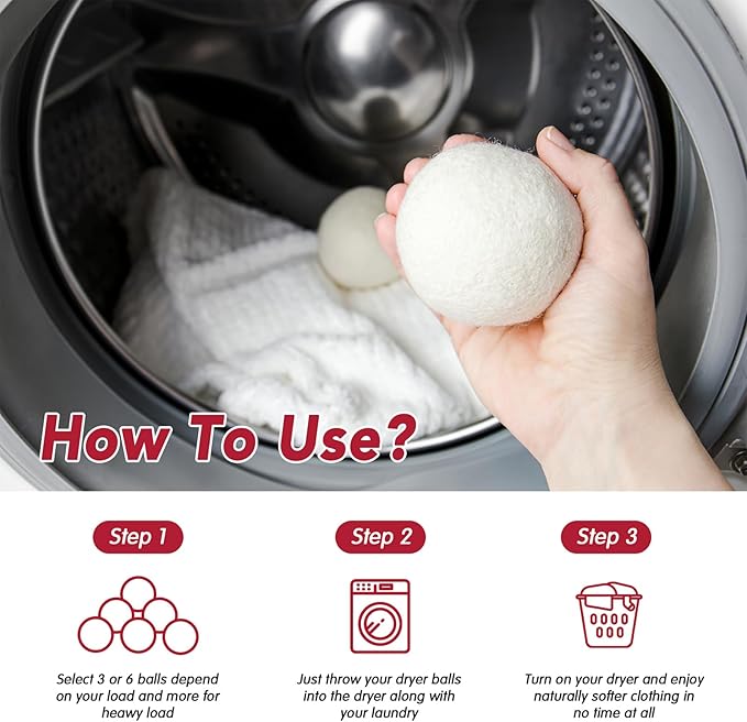 100% New Zealand Wool Dryer Balls L Size – 6 Pack, Organic & Chemical-Free Fabric Softener, Baby Safe & Hypoallergenic, Reduces Static, Wrinkles & Drying Time, Reusable for 1000+ Loads