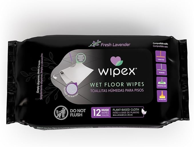 Wipex XL Wet Floor Wipes for Squeegee Stick, Cuban Mop or Sweeping Mop, Plant Based Multi Surface Cleaning Wipes, Lavender Scent, Huge Disposable Wipes (24" x 14"), Extra Thick, 12 Count (Pack of 1)