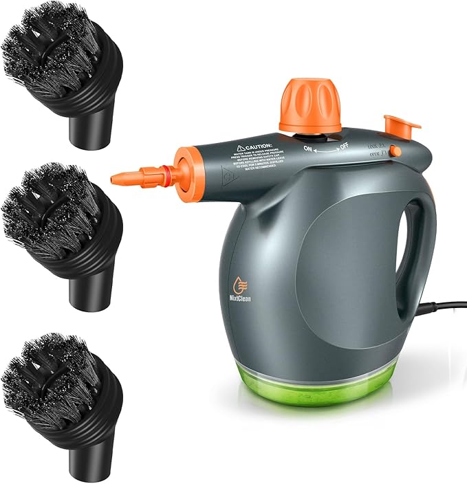 1250W Handheld Steam Cleaner & 3-Piece Nylon Brush Set for Multi-Surface Cleaning, Includes Detergent Container, Safety Lock, and Brushes for Grout, Tiles, and More