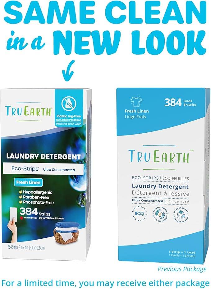 Tru Earth Compact Dry Laundry Detergent Sheets, Bulk, up to 768 Loads (384 Sheets) - Paraben-Free - Original Eco-Strip Liquidless Detergent, Travel - Fresh Linen