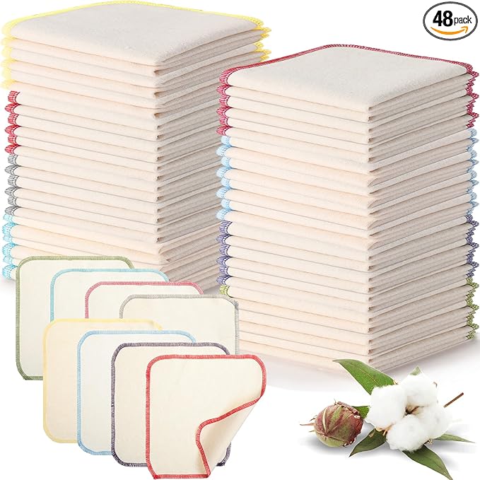 Mixweer 48 Pcs Flannel Cloth Baby Wipes Reusable Baby Diapers Wipes Washable Natural Unbleached Face Wipes Soft and Sturdy Cloth Wipes 8 Colors Outer Stitching 8 x 8 Inches