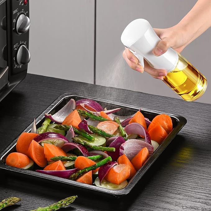 Oil Sprayer for Cooking, Oil Spray Bottle with Brush, Glass Oil Sprayer, 200ML Oil Dispenser for Kitchen, Continuous Oil Spray Bottle with Portion Control for Air Fryer, Salad, BBQ, White (Black)
