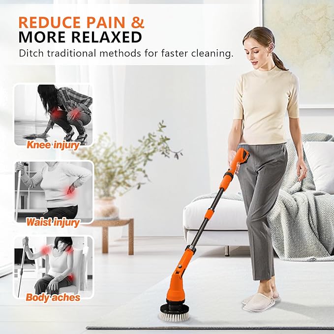 1000RPM Electric Spin Scrubber, 20V Cordless Cleaning Brush with Adjustable Extension Arm, 4 Replaceable Cleaning Heads, Hook and Gloves, 1 Hour Fast Charge, Waterproof - for Bathroom/Tub/Tile/Floor