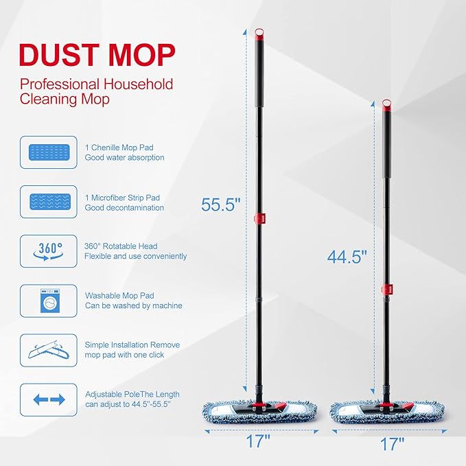 Dust Mop for Floor Cleaning Microfiber Professional Dry & Wet Flat Mops for Tile Floors with a Extra Chenille Refill Mopping Pad for Hardwood,Tile,Marble Floor