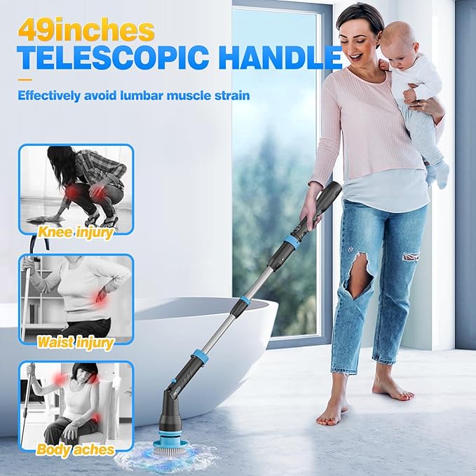 1200RPM Electric Scrubber with 12V Battery, 49 Inch Handle, 8 Brush Heads, Ideal for Arthritis, Cleans Bath/Shower/Tub/Floor