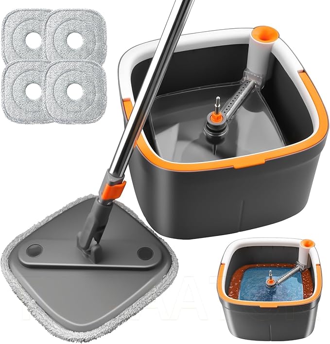 KZKR Spin Mop and Bucket Set with 4 Replaceable Microfiber Mop Pads with Self Separation Dirty and Clean Water System, Self Wringing 360° Rotating Square Mop Head for Hardwood Tile Marble Floors