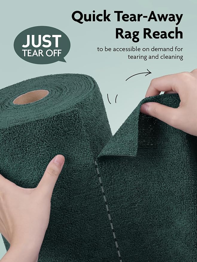 Fantasticlean Microfiber Cleaning Cloth Roll -75 Pack, Tear Away Microfiber Towels, 12" x 12", Reusable, Washable, Scratch Free, Ultra Absorbent Dish Rags for Car, Home, Garage or Shop (Forest Green)