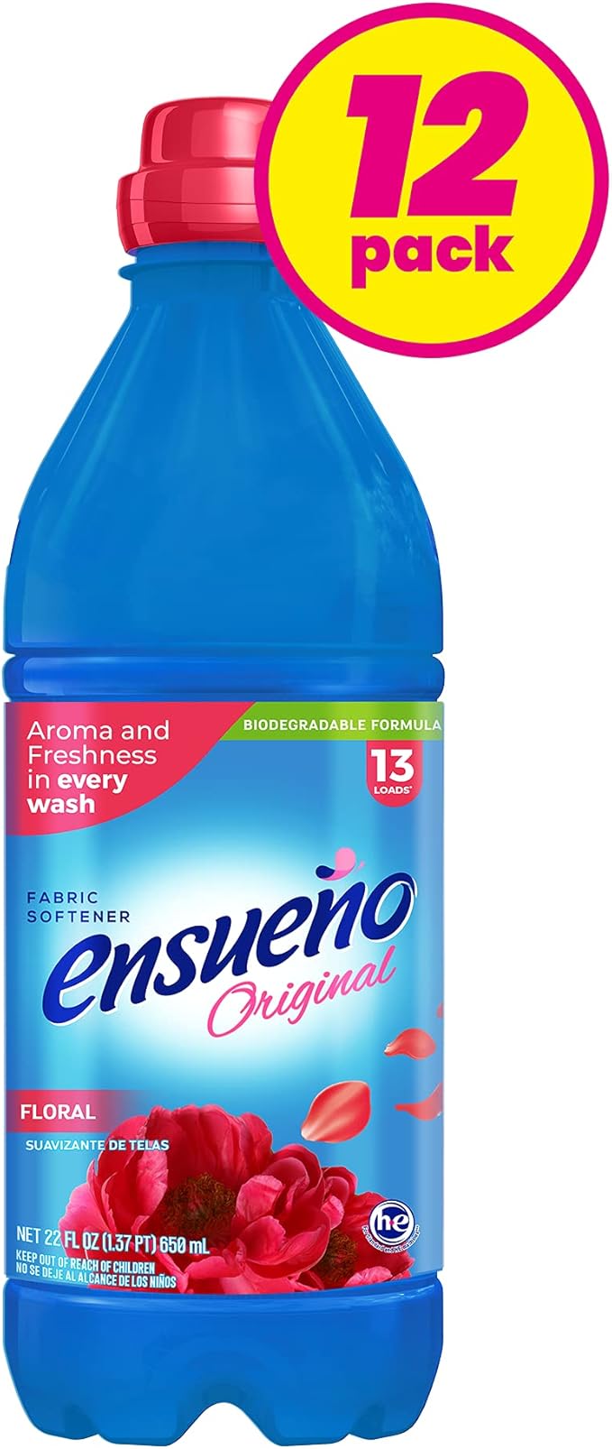 Ensueño Hypoallergenic Liquid Fabric Softener - Floral Scent - (12 Pack) 22 fl oz - Plant-Based Fabric Softener - Softens 156 Loads - Long-Lasting Aroma