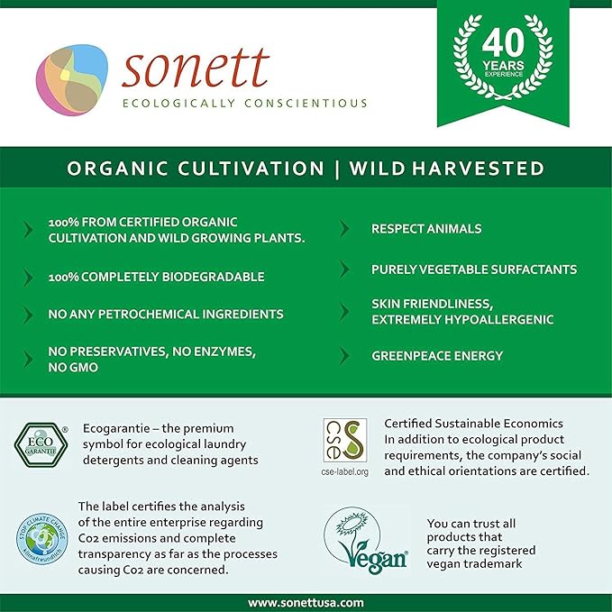 Sonett Organic Laundry Powder Detergent for Colors 42oz / 1.2kg - With organic vegetable oil soap, without enzymes, GMO-free.Suitable for all coloured and white textiles made from cotton, linen, hemp.