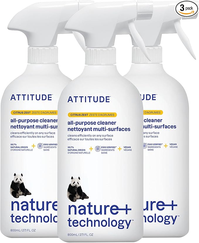 ATTITUDE All-Purpose Cleaner, EWG Verified, Streak-Free, Plant- and Mineral-Based, Vegan, Citrus Zest, 27.1 Fl Oz (Pack of 3)