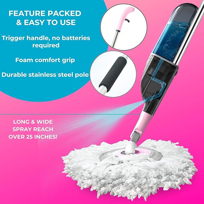 Heavy Duty Spray Mop Kit for Floor Cleaning, Refillable Water Tank, Use Any Cleaning Solution with Machine Washable Pads, Includes Flat Mop Head, Round, Squeegee Head