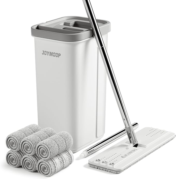 JOYMOOP Mop and Bucket with Wringer Set, Hands Free Flat Floor Mop and Bucket, 60" Mop with 6 Reusable Microfiber Pads, Wet and Dry Use, Floor Cleaning System