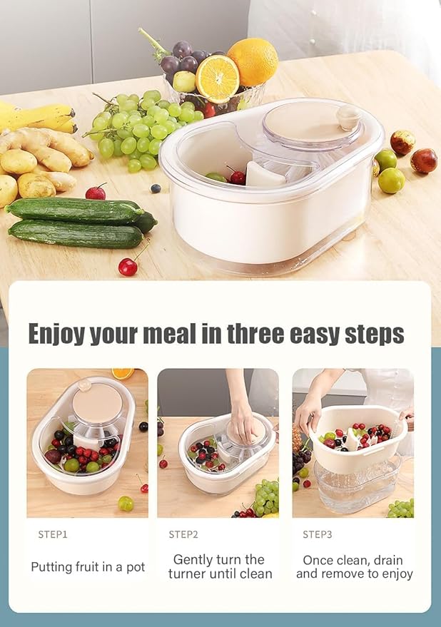 2025 New Fruit Cleaner Spinner, Large Multifunctional Vegetable Washer Bowl with Brush, Fruit Scrubber for Home Kitchen (White)
