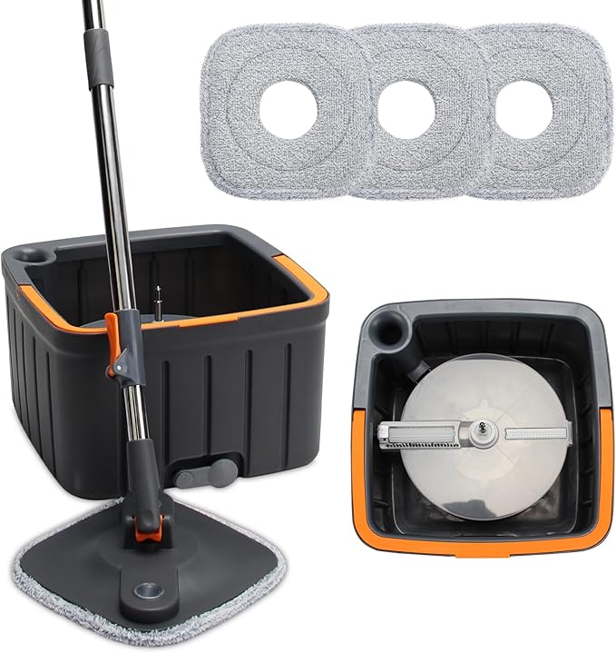 Spin Mop and Bucket Set with Self Separation Dirty and Clean Water System,Self Wringing 360° Rotating Square Clean Mop and Bucket with Wringer,Home Floor Tile Cleaning(3 Thick Mop Pads)(Black)