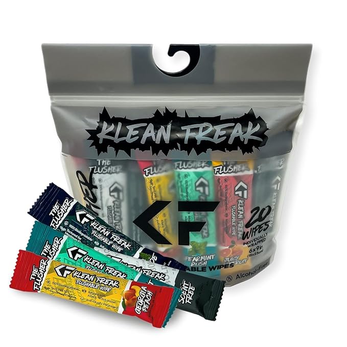 THE KLEAN FREAK FLUSHER - Flushable Wipes For Adults & Kids - 100% BIODEGRADABLE Individual Wrapped Travel WET Wipe for Toilet - Soothing Aloe & Witch Hazel - Alcohol Free 20 Pack - Mixed