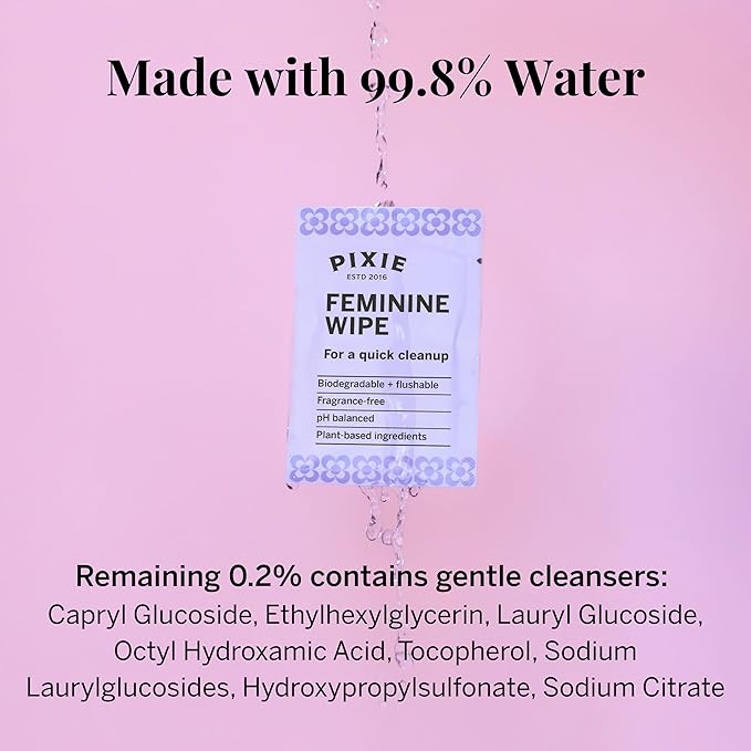 Pixie Feminine Wipes - Flushable, Biodegradable, & Ph Balanced - Best Individually Wrapped Packet Wipes for On The Go & Public Bathrooms - Wash, & Cleaner For Your Menstrual Cups & Discs (20 Count)