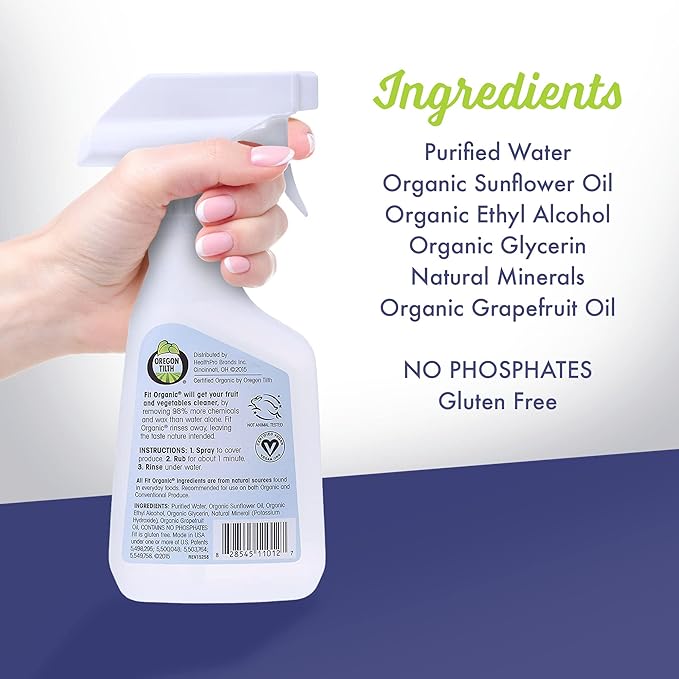 FIT Organic Fruit and Vegetable Wash, Spray Bottle, White, Clear, 12 Fl Oz 2 Pack