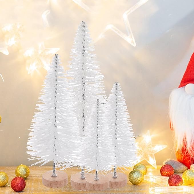 Yookat 40Pcs Mini Christmas Trees Artificial Mini Pine Trees with Wood Base Sisal Trees Bottle Brush Trees Assorted Color for Christmas Decoration Winter Ornaments (White)
