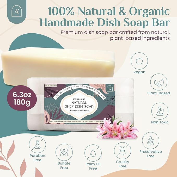 All Natural Dish Soap Bars - Bar Soap for Dishes, Biodegradeable Dish Soap Block, Kitchen Soap, All Natural Non Toxic, Low Waste Kitchen Dishwashing Bar Soap-Spring Scent (3 Pack, 6.3oz)