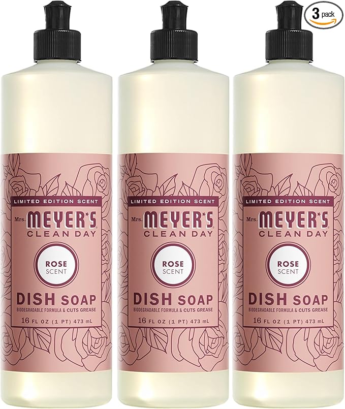 MRS. MEYER'S CLEAN DAY Liquid Dish Soap, Rose Scent, 16 Fl Oz (Pack of 3)