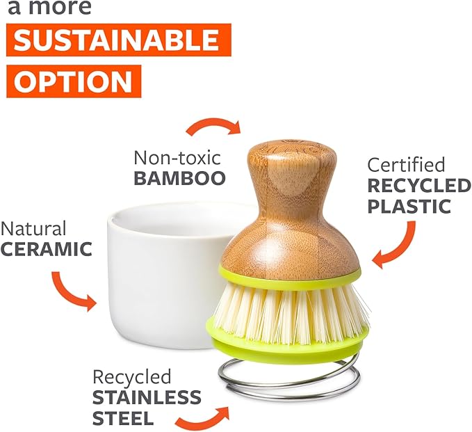 Full Circle Bubble Up -Bamboo Dish Brush & Ceramic Soap Dispenser -Scrub Set for Dishes, Nonstick and Cast Iron -Kitchen Cleaning Tool with Natural Bamboo Handle,White