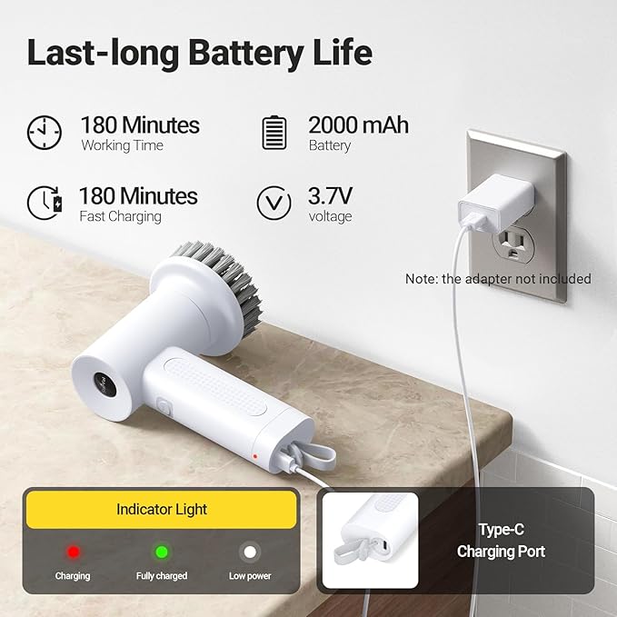 Electric Spin Scrubber, 2000 mAh Cordless Power Scrubber with 4 Replaceable Heads, 2 Speeds Portable Scrubber for Cleaning Sink/Stove/Corner/Tile/Grout/Bowl (White)