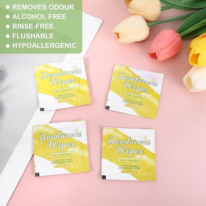 100Pcs Travel Deodorant Wipes, Travel Size Mini Deodorant Wipes Bulk for Homeless, Individually Wrapped Body Cleaning Supplies for Women Wet Armpit for Body Cleaning Lemon