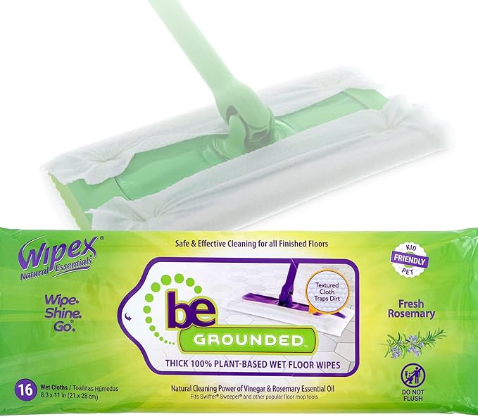 Wipex Wet Floor Wipes - Natural Wet Mop Pads Fit Swiffer Sweeper Mop - Rosemary Essential Oil & Vinegar & Plant-Based Textured Cloth Trap Absorb Dirt, Floor Cleaner Pads, 16 Count (Pack of 3)