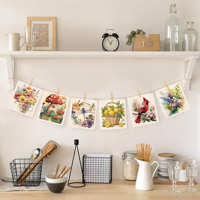 Morigins Spring Flowers Bird Swedish Dish Cloths - 6 Pack Reusable Compostable Kitchen Cloth, Cellulose Sponge Dish Towel Set