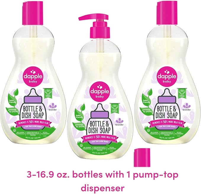 Dapple Baby Bottle Soap, Hypoallergenic Dish Soap for Baby Bottles, Powered by Plants, Lavender, 16.9 Fl Oz (Pack of 3)