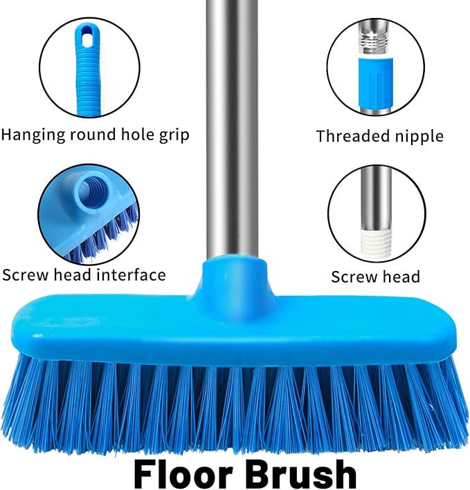 MEIBEI Floor Scrub Brush with Adjustable Long Handle-57 inch, Stiff Bristle Grout Brush Tub and Tile Brush for Cleaning Bathroom, Patio, Kitchen, Wall and Deck