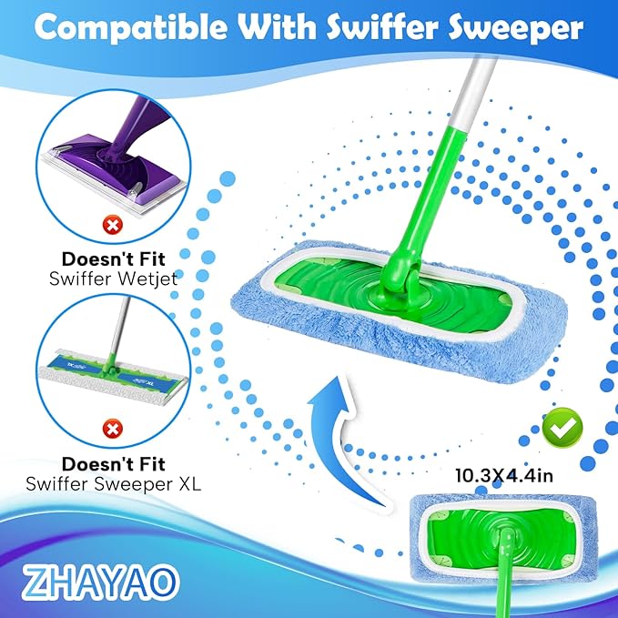 3 Pack Reusable Microfiber Mop Pads Compatible with Swiffer Sweeper, Wet and Dry Flat mop Cover, Washable Swiffer Pads for Surface/Hardwood Floor Cleaning (Mop is Not Included)