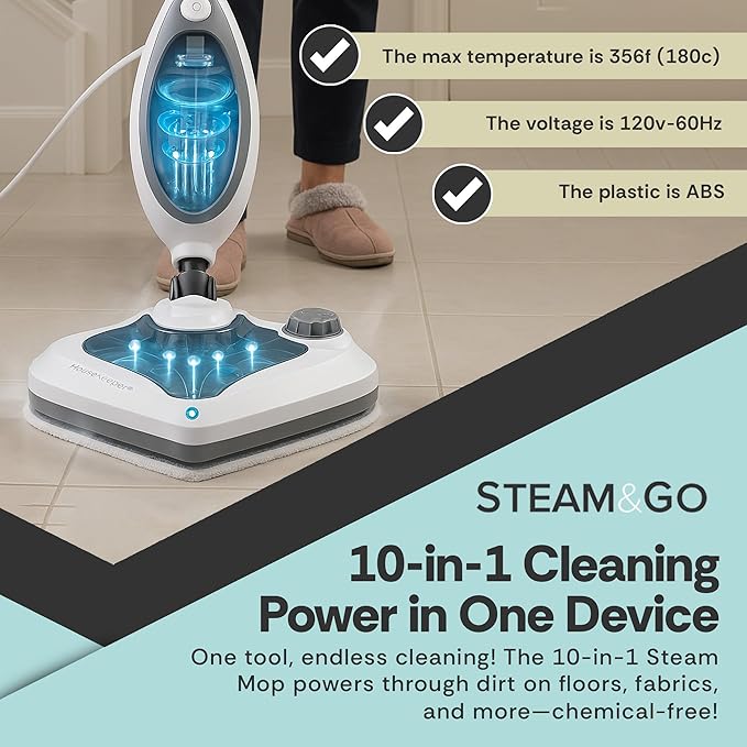 Steam and Go 10-in-1 Steam Mop - Multi-Functional Floor Steamer for Home Use w/Detergent Chamber, Detachable Handle & Handheld Steam Cleaner for Tile, Grout, Hardwood, Upholstery, Carpets & Furniture