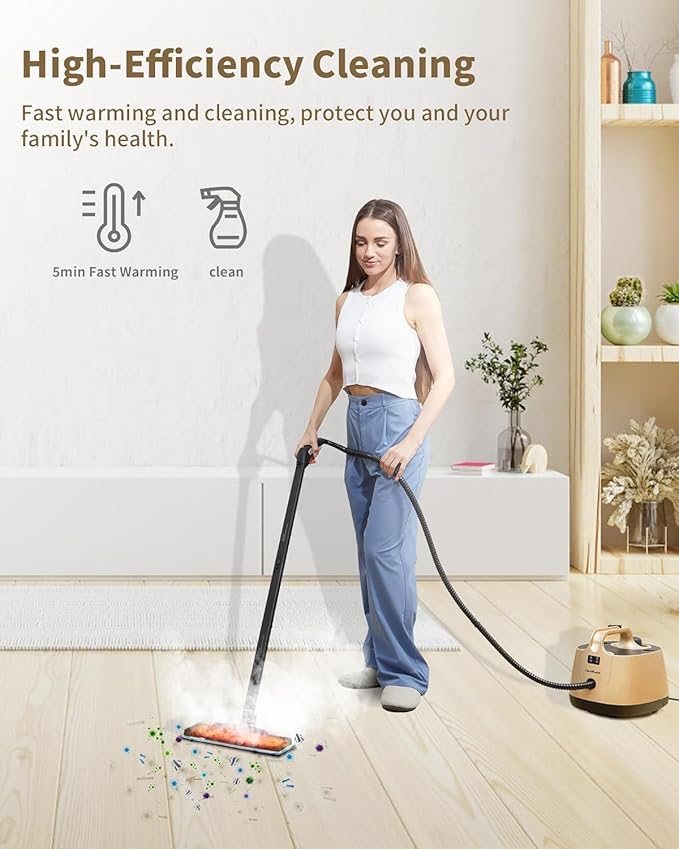 Steam Cleaner with 21 Accessories, 5 Minutes Fast Heating, Multipurpose Portable Canister Steamer for Floors, Carpet, Cars, Tiles, Grout Cleaning, Chemical-Free, 1.5L Capacity
