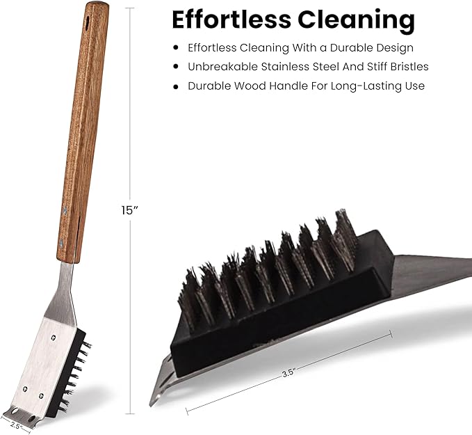 Grill Brush and Scraper for Barbecue with Replaceable Stainless Steel Bristles Head – Grill Brush for Outdoor Grill with Extended 15” Large Wooden Handle -No Scratch on Grill