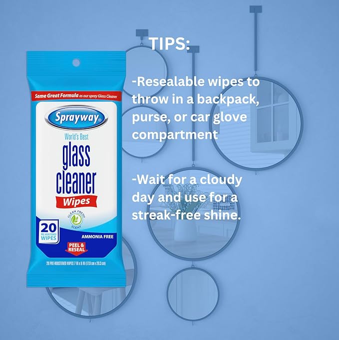 Sprayway Glass Cleaner Wipes, 20ct, Pack of 6 | On-the-Go Resealable Package, Pre-Moistened | Original Ammonia-Free Formula | Removes Fingerprints, Dust, Dirt | All Glass Surfaces