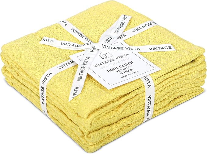 100% Cotton Waffle Dish Cloths (Pack of 6) - Dish Rags for Washing Dishes - Reusable & Highly Absorbent Kitchen Towels - Multipurpose Kitchen Rags - (12" x 12" - Lemon Yellow)