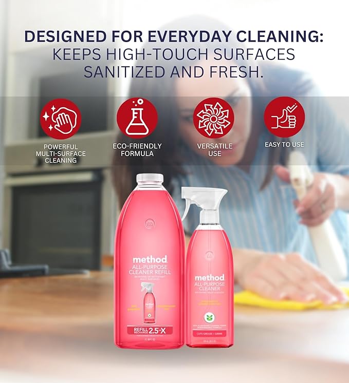 Method Pink Grapefruit Scent All Purpose Cleaner Spray 28 oz + 68 oz Refill Bundle with Microfiber Cloth - Multi Surface Cleaner Spray - Plant-Based Cleaning Power - Biodegradable Formula - (3 Items)