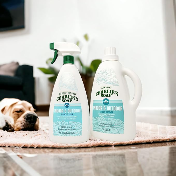 Charlie's Soap Indoor & Outdoor Surface Cleaner Refill (107 Fl. Oz.) Biodegradable Natural Outdoor Cleaning Spray – Safe for Indoor Use (2 Pack - One 32oz Sprayer and One 75oz Refill)