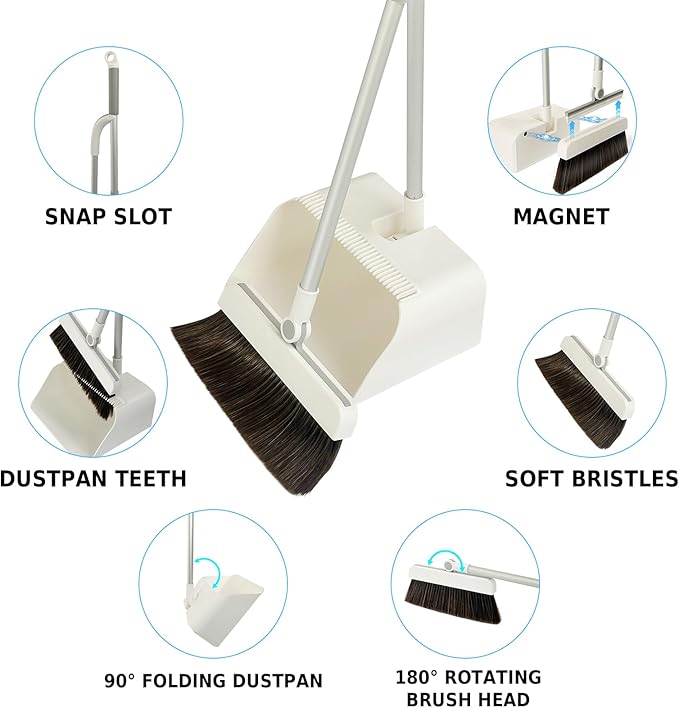 3-in-1 Magnetic Broom and Dustpan Set: 180° Rotatable Silicone Broom, Large Capacity Dustpan with Self-Cleaning Teeth, Upright Stand Up for Home, Office, Lobby, and Pet Hair Cleaning