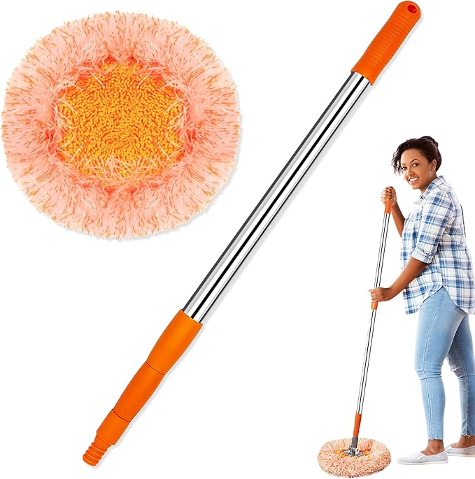 Dust Mop, Wall Cleaner Mop, with Height Adjustable Handle and 1 Washable Mops Pad, Wet & Dry Floor Cleaning Mop for Hardwood, Tiles, Laminate - Dust Broom (Orange)
