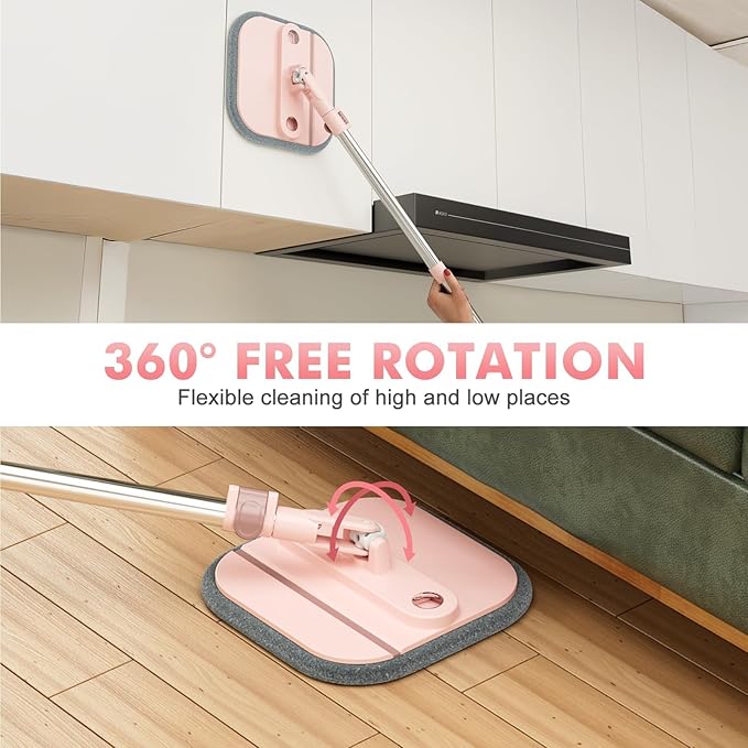 Upgraded Spin Mop and Bucket System Set, Self Separate Clean and Dirty Water, Foldable Square Standing Mop Head with Microfiber Mop Pads, Detachable Bucket (Pink, Mop Set with 6PC Pads)