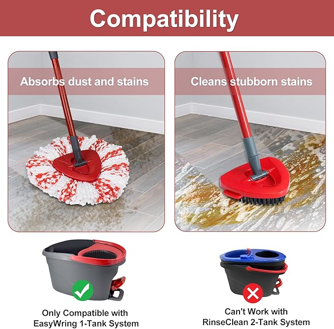 Spin Mop Replacement Head, Base, Mop Handle Replacement for OCedar EasyWring 1 Tank System, 2 Microfiber Refills, 4-Section Sturdy Iron 30-58in Stick, 1 Head Cover and 1 Scrubber Mop Head